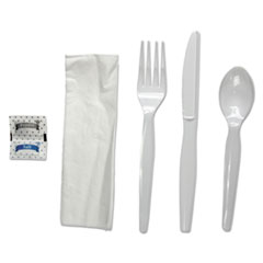 Boardwalk® Six-Piece Cutlery Kit, Condiment/Fork/Knife/Napkin/Spoon, Heavyweight, White, 250/Carton