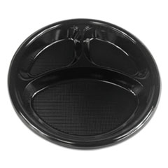 Boardwalk® Hi-Impact Plastic Dinnerware, Plate, 3-Compartment, 10" dia, Black, 125/Sleeve, 4 Sleeves/Carton
