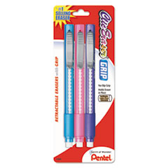 Pentel® Clic Eraser Grip Eraser, For Pencil Marks, White Eraser, Randomly Assorted Barrel Colors (Three-Colors), 3/Pack