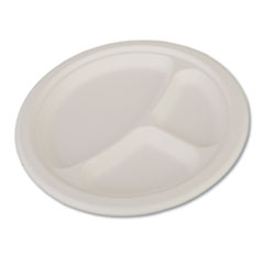 SCT® ChampWare Heavyweight Bagasse Dinnerware, Plate, 3-Compartment, 10" dia, White, 500/Carton