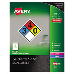 Avery® Surface Safe Removable Label Safety Signs, Inkjet/Laser Printers, 8 x 8, White, 15/Pack