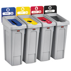 Rubbermaid® Commercial Slim Jim Recycling Station Kit, 4-Stream Landfill/Paper/Plastic/Cans, 92 gal, Plastic, Blue/Gray/Red/Yellow