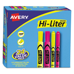 Avery® HI-LITER Highlighter Value Pack, Desk/Pen Style Combo, Assorted Ink Colors, Chisel/Bullet Tips, Assorted Barrel Colors, 24/PK