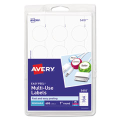 Avery® Removable Multi-Use Labels, Inkjet/Laser Printers, 1" dia, White, 12/Sheet, 50 Sheets/Pack, (5410)