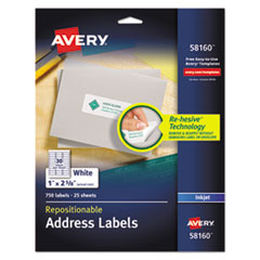 Avery® Repositionable Address Labels w/SureFeed, Inkjet/Laser, 1 x 2 5/8, White, 750/BX