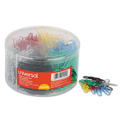 Universal® Plastic-Coated Paper Clips with Six-Compartment Dispenser Tub, #3, Assorted Colors, 1,000/Pack