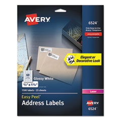 Avery® Glossy White Easy Peel Mailing Labels w/ Sure Feed Technology, Laser Printers, 0.66 x 1.75, White, 60/Sheet, 25 Sheets/Pack