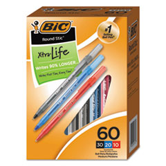 BIC® Round Stic Xtra Precision Ballpoint Pen Value Pack, Stick, Medium 1 mm, Assorted Ink and Barrel Colors, 60/Pack