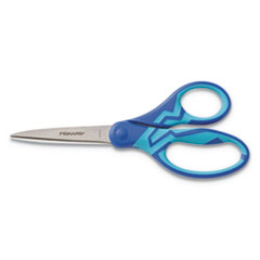 Fiskars® Kids/Student Softgrip Scissors, Pointed Tip, 7" Long, 2.63" Cut Length, Blue Straight Handle