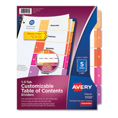 Avery® Customizable TOC Ready Index Multicolor Tab Dividers, 5-Tab, 1 to 5, 11 x 8.5, White, Traditional Color Tabs, 1 Set