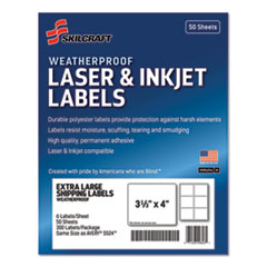 7530016736217, SKILCRAFT Weatherproof Mailing Labels, Inkjet/Laser Printers, 3.33 x 4, White, 6/Sheet, 50 Sheets/Pack