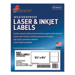 7530016736219, SKILCRAFT Weatherproof Mailing Labels, Laser Printers, 5.5 x 8.5, White, 2/Sheet, 50 Sheets/Pack