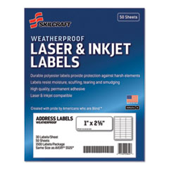 7530016736516, SKILCRAFT Weatherproof Mailing Labels, Laser Printers, 1 x 2.63, White, 30/Sheet, 50 Sheets/Box