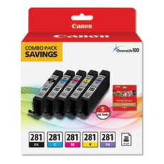 Canon® 2091C006 (CLI-281) ChromaLife100 Ink/Paper Combo, Black/Blue/Cyan/Magenta/Yellow