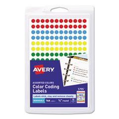 Avery® Handwrite Only Self-Adhesive Removable Round Color-Coding Labels, 0.25" dia., Assorted, 192/Sheet, 4 Sheets/Pack, (5795)