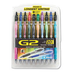 Pilot® G2 Premium Gel Pen, Retractable, Fine 0.7 mm, Assorted Ink and Barrel Colors, 20/Pack