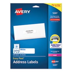 Avery® Easy Peel White Address Labels w/ Sure Feed Technology, Laser Printers, 1 x 4, White, 20/Sheet, 25 Sheets/Pack