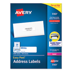 Avery® Easy Peel White Address Labels w/ Sure Feed Technology, Laser Printers, 1 x 4, White, 20/Sheet, 100 Sheets/Box