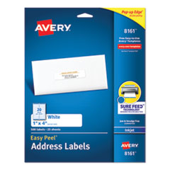 Avery® Easy Peel White Address Labels w/ Sure Feed Technology, Inkjet Printers, 1 x 4, White, 20/Sheet, 25 Sheets/Pack
