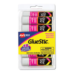 Avery® Permanent Glue Stic Value Pack, 0.26 oz, Applies White, Dries Clear, 18/Pack