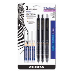 Zebra® Delguard Mechanical Pencil, 0.5 mm, HB (#2), Black Lead, Black Barrel, 3/Pack