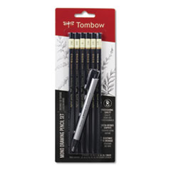 Tombow® Mono® Drawing Pencil Set with Eraser, 2 mm, Assorted Lead Hardness Ratings, Black Lead, Black Barrel, 6/Pack