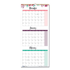 Blueline® 3-Month Wall Calendar, Floral Artwork, 12.25 x 27, White/Multicolor Sheets, 12-Month (Jan to Dec): 2022