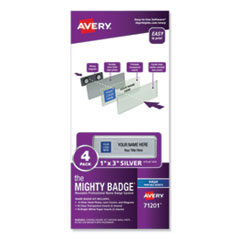 Avery® The Mighty Badge Name Badge Holder Kit, Horizontal, 3 x 1, Inkjet, Silver, 4 Holders/32 Inserts