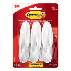 Command™ Designer Hooks, Plastic, White, 3 lb Cap, 6 Hooks and 12 Strips/Pack