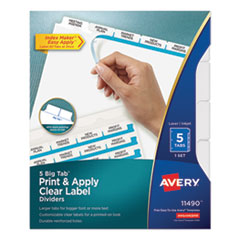 Avery® Print and Apply Index Maker Clear Label Dividers, Big Tab, 5-Tab, White Tabs, 11 x 8.5, White, 1 Set