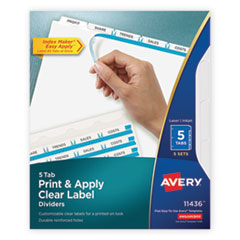 Avery® Print and Apply Index Maker Clear Label Dividers, 5-Tab, White Tabs, 11 x 8.5, White, 5 Sets