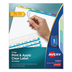 Avery® Print and Apply Index Maker Clear Label Dividers, 5-Tab, Color Tabs, 11 x 8.5, White, Contemporary Color Tabs, 5 Sets