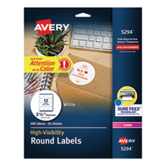 Avery® Permanent Laser Print-to-the-Edge ID Labels w/SureFeed, 2 1/2"dia, White, 300/PK