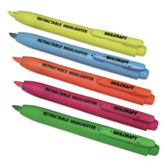 7520015548211, SKILCRAFT Retractable Highlighter, Assorted Ink Colors, Chisel Tip, Assorted Barrel Colors, 5/Set