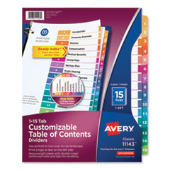 Avery® Customizable TOC Ready Index Multicolor Tab Dividers, 15-Tab, 1 to 15, 11 x 8.5, White, Traditional Color Tabs, 1 Set