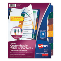 Avery® Customizable Table of Contents Ready Index Dividers with Multicolor Tabs, 8-Tab, 1 to 8, 11 x 8.5, Translucent, 1 Set