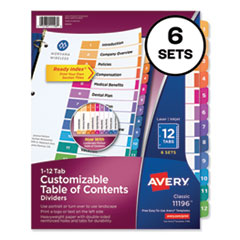 Avery® Customizable TOC Ready Index Multicolor Tab Dividers, 12-Tab, 1 to 12, 11 x 8.5, White, Traditional Color Tabs, 6 Sets