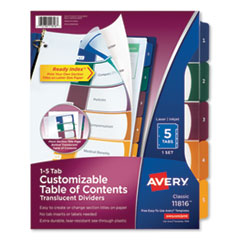 Avery® Customizable Table of Contents Ready Index Dividers with Multicolor Tabs, 5-Tab, 1 to 5, 11 x 8.5, Translucent, 1 Set