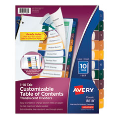 Avery® Customizable Table of Contents Ready Index Dividers with Multicolor Tabs, 10-Tab, 1 to 10, 11 x 8.5, Translucent, 1 Set