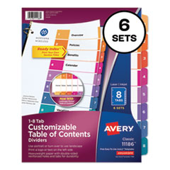Avery® Customizable TOC Ready Index Multicolor Tab Dividers, 8-Tab, 1 to 8, 11 x 8.5, White, Traditional Color Tabs, 6 Sets