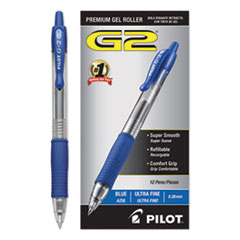 Pilot® G2 Premium Gel Pen Convenience Pack, Retractable, Extra-Fine 0.38 mm, Blue Ink, Clear/Blue Barrel, Dozen
