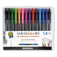 Zebra® Sarasa Dry Gel X20 Gel Pen, Retractable, Medium 0.7 mm, Assorted Ink and Barrel Colors, 14/Pack