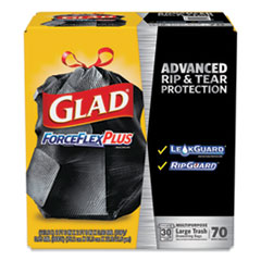 Glad® ForceFlexPlus Drawstring Large Trash Bags, 30 gal, 1.05 mil, 30" x 32", Black, 70/Box