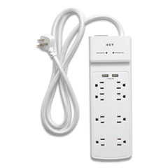 Surge Protector, 8 AC Outlets/2 USB Ports, 6 ft Cord, 2,100 J, White