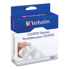 Verbatim® CD/DVD Sleeves, 1 Disc Capacity, Clear/White, 100/Box