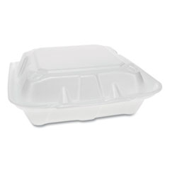 Pactiv Evergreen Vented Foam Hinged Lid Container, Dual Tab Lock Economy, 3-Compartment, 8.42 x 8.15 x 3, White, 150/Carton