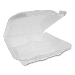 Pactiv Evergreen Vented Foam Hinged Lid Container, Dual Tab Lock Economy, 3-Compartment, 9.13 x 9 x 3.25, White, 150/Carton