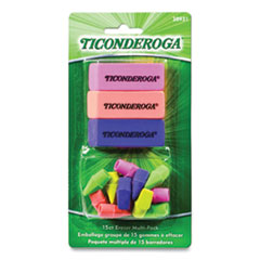 Ticonderoga® Neon Eraser Multipack, For Pencil Marks, (12) End-Cap Erasers, (3) Block Erasers, Assorted Colors