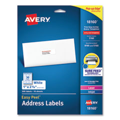 Avery® Easy Peel White Address Labels with Sure Feed Technology, Inkjet Printers, 1 x 2.63, White, 30/Sheet, 10 Sheets/Pack