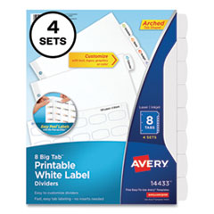 Big Tab Printable White Label Tab Dividers, 8-Tab, 11 x 8.5, White, 4 Sets